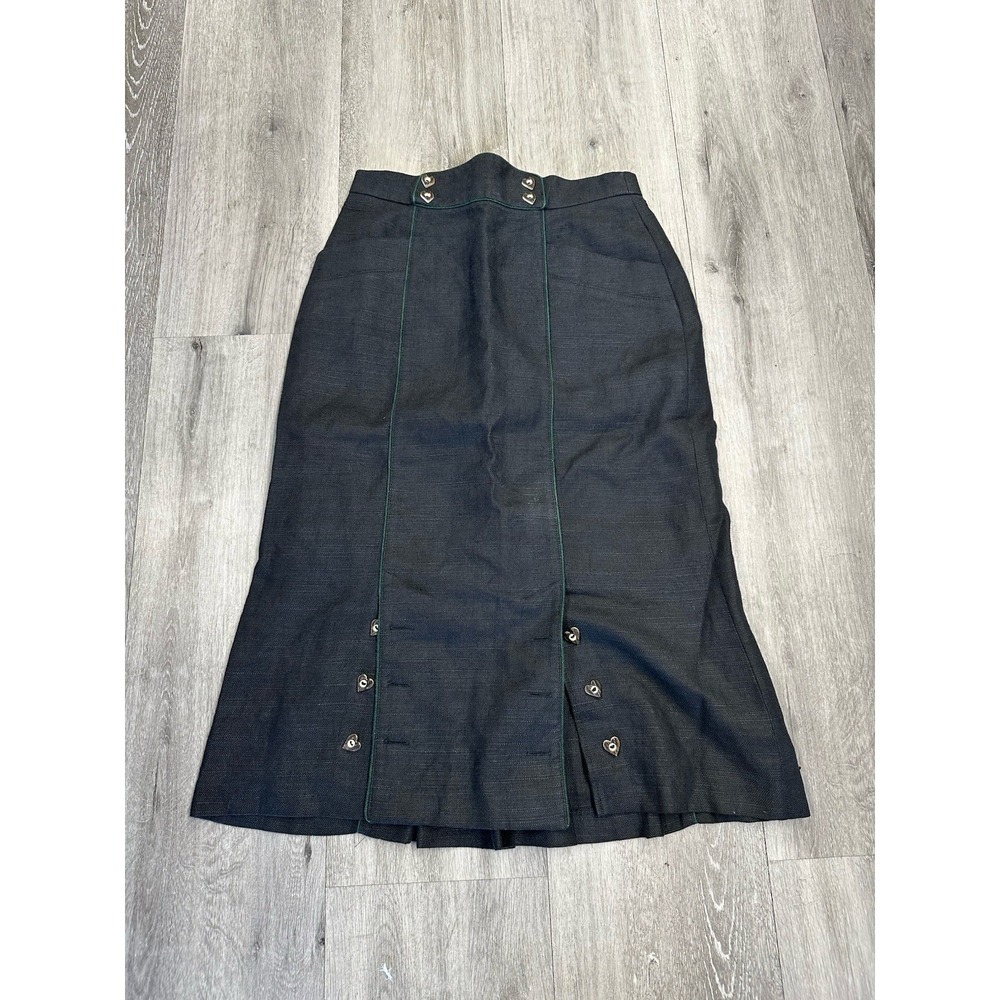 Vintage 1980s Black Green Lined Heart Buttoned Knee Length Cottage Skirt Size 40